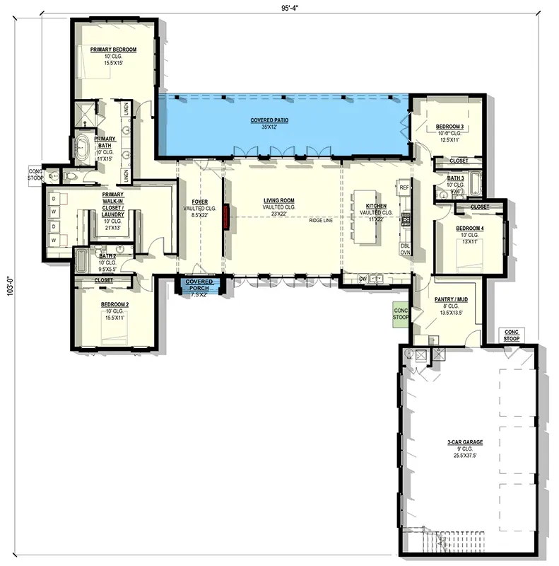 Main level floor plan for Plan 405147FDC — 95-by-103-foot U-shape modern farmhouse with vaulted central foyer living room and kitchen, 35-by-12-foot covered rear patio anchoring the U, master suite with sitting and bath on the left wing, Bedroom 2 with private bath and walk-in closet also on the left wing, Bedrooms 3 and 4 sharing a Jack-and-Jill bath on the right wing, walk-in pantry mudroom and 3-car side-entry garage with stairs to bonus room above