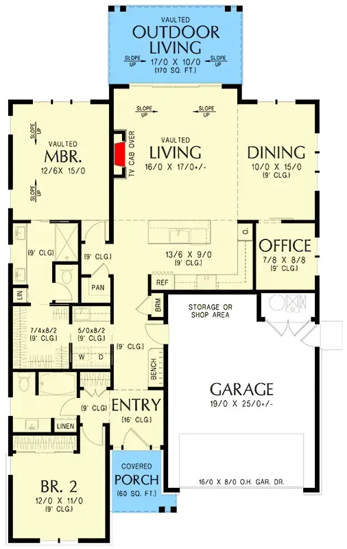 Single-story floor plan of modern farmhouse 69917AM showing split bedrooms, central vaulted great room, and a home office off the front entry