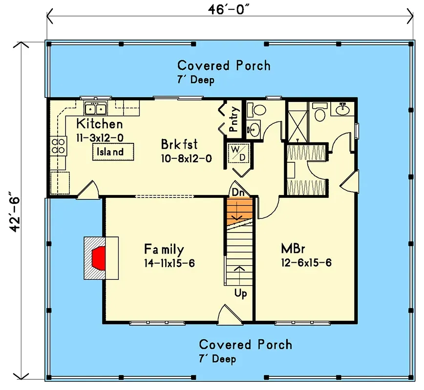 Main level floor plan of cabin Plan 2286SL showing the main-floor master suite, central great room open to below, kitchen with island and pantry, laundry, and a wraparound porch on three sides