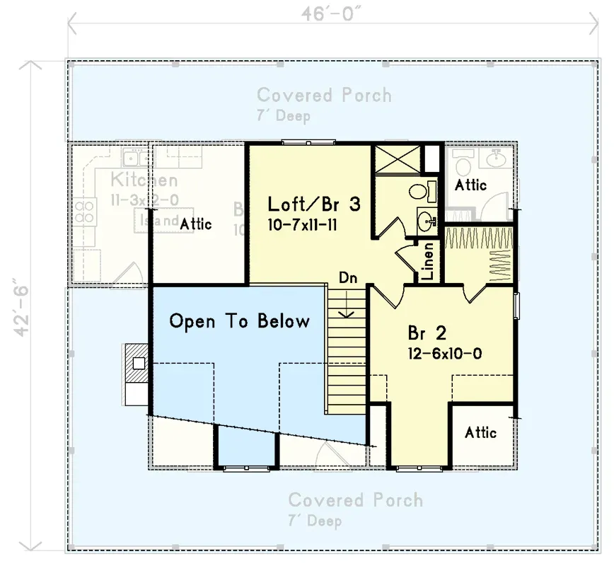 Second floor plan of cabin Plan 2286SL showing Bedroom 2, a loft or Bedroom 3, a shared hall bath, and the open-to-below void over the family room