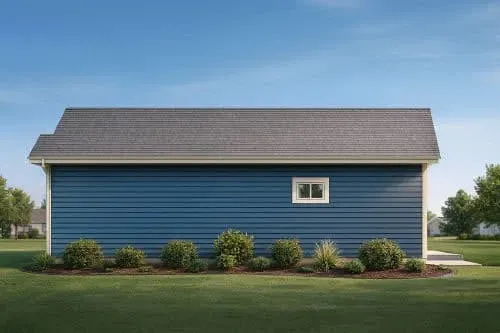 Front exterior rendering of the 267118SPK cottage ranch with a front-facing gable, horizontal lap siding, stone wainscot, and a glass-panel garage door