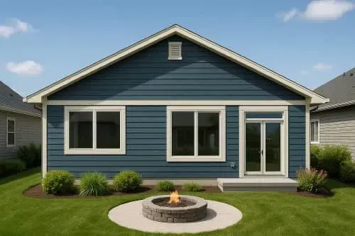 Angled exterior view of the cottage ranch showing the gable roof form and symmetrical window placement around the front entry