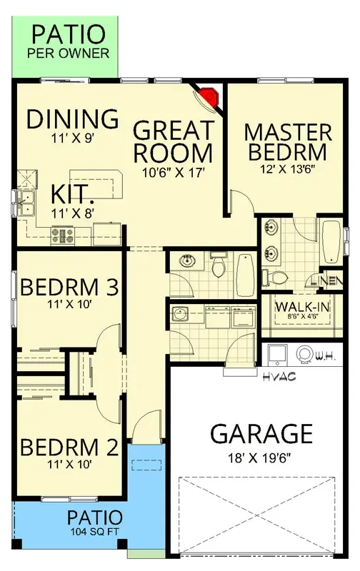 Floor plan of the 267118SPK cottage ranch showing a central great room flanked by a split-bedroom layout, an attached two-car garage, and a rear patio off the living core