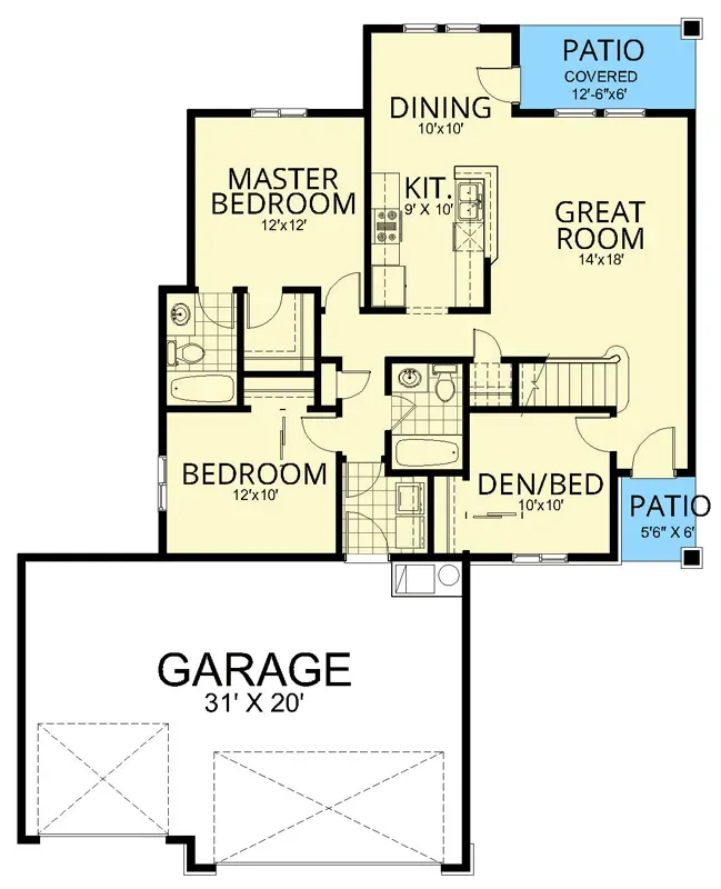 Main level floor plan of Craftsman ranch plan 267116SPK showing a split-bedroom layout with the master suite on the left, an open great room core, and a den/bedroom flex room on the right