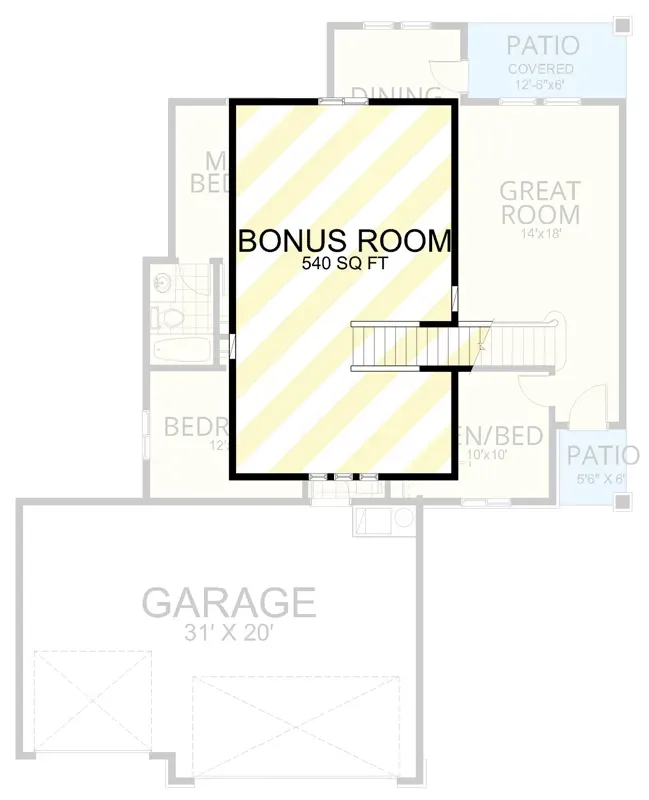 Optional bonus level floor plan of plan 267116SPK showing a 540-square-foot unfinished bonus room above the three-car garage reached by a stair near the secondary bedrooms