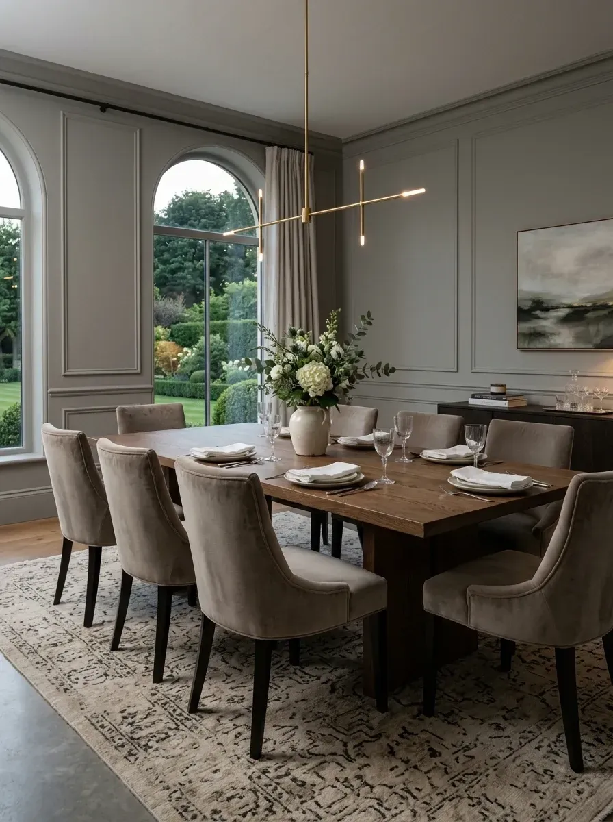 Formal dining room with full-height grey-green wall paneling, large 96-inch solid oak rectangular dining table, eight taupe velvet upholstered chairs, linear brushed-brass linear chandelier, arched windows with linen drapery, and a large patterned vintage-style area rug