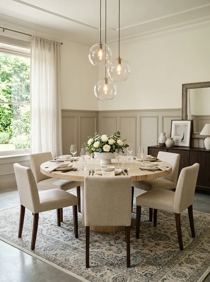 Round travertine pedestal dining table for six with curved-back oatmeal upholstered chairs, cluster of three glass-globe pendant lights at varying heights, painted beige wainscoting, dark walnut sideboard, and a large patterned vintage rug