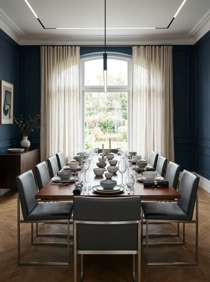 Moody dining room with deep navy painted walls and matching wainscoting, herringbone medium-oak floor, long walnut dining table for ten, charcoal leather and metal-frame chairs, and a sleek minimalist linear LED pendant light