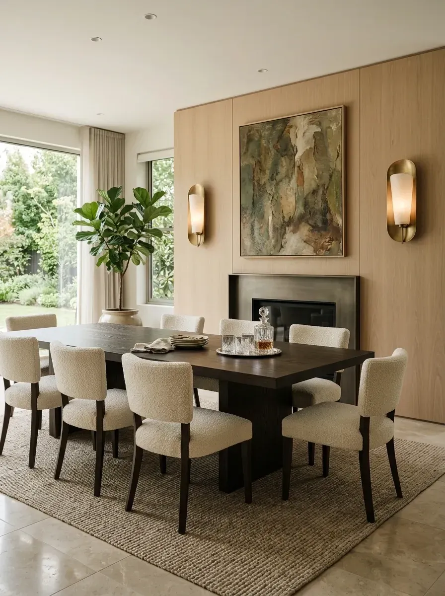 Japandi-leaning dining room with vertical light-ash wood-clad feature wall, modern linear gas fireplace with brushed-metal surround, dark espresso-finished dining table, eight cream boucle dining chairs, brass wall sconces, and a tall fiddle-leaf fig