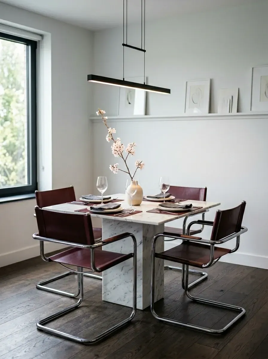 Compact dining nook with solid Carrara marble plinth-base square dining table for four, four cantilevered burgundy leather chairs with polished chrome frames, ultra-thin linear LED pendant, white walls, dark wood floor, and a built-in wall picture ledge displaying framed art