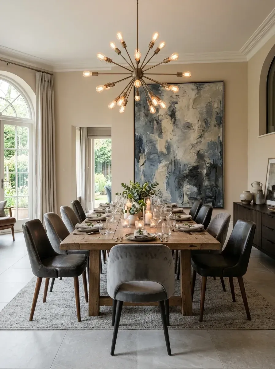 Large open dining room with massive raw reclaimed-oak farmhouse dining table for ten, mixed upholstered chairs at the heads and sides, oversized abstract painting in muted blues and greys, sputnik-style chandelier, large-format greige porcelain tile flooring, and warm cream walls