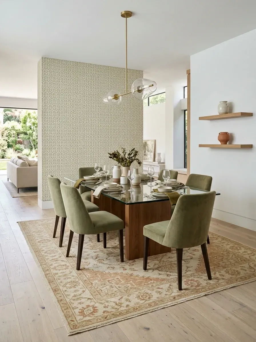 Light dining room with subtle small-scale beige and sage patterned wallpaper on the feature wall, glass-topped dining table with sculptural walnut base, six olive green velvet upholstered chairs, two floating walnut shelves with curated ceramics, and a vintage-style patterned area rug