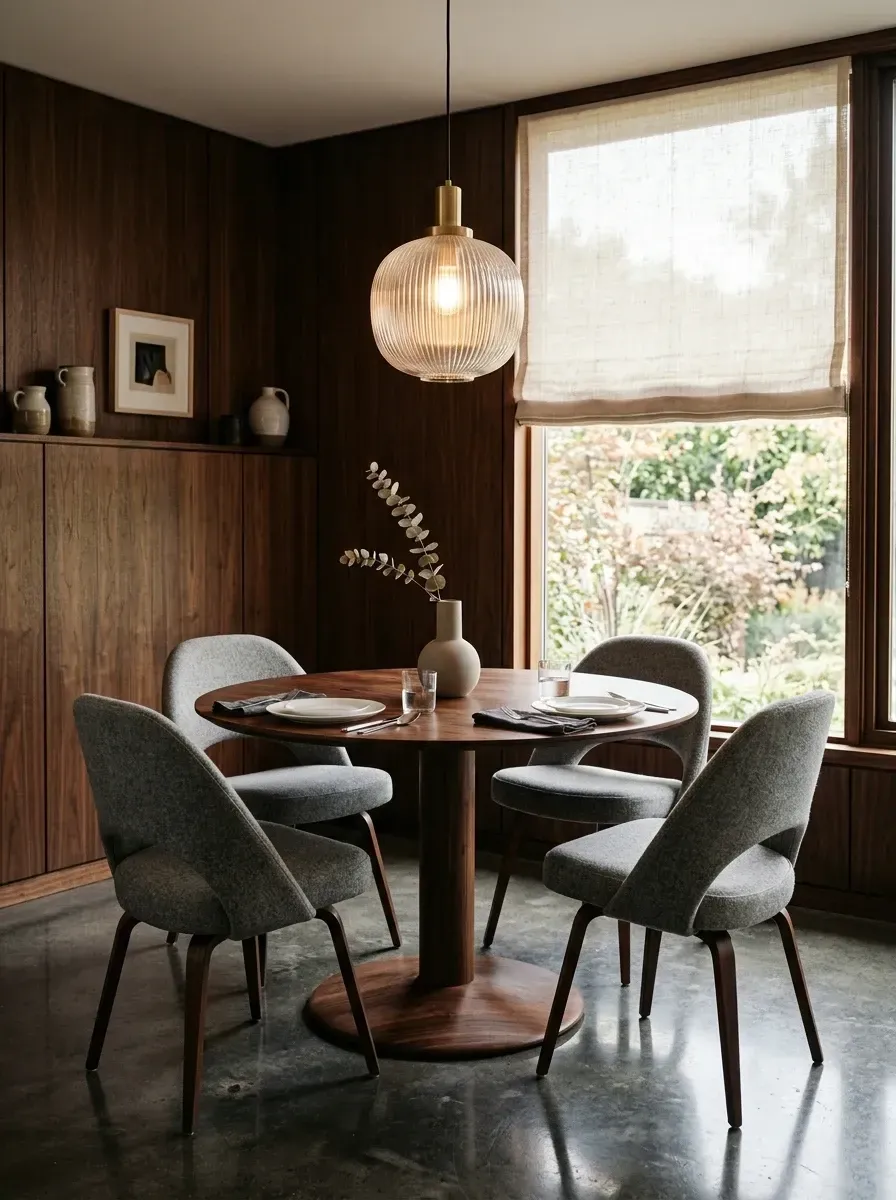 Cozy dining nook completely wrapped in custom dark walnut wall paneling and built-in cabinetry, round walnut pedestal dining table for four, four upholstered chairs with walnut legs, single low-hanging reeded glass pendant, polished concrete floor, and a linen Roman shade on the window
