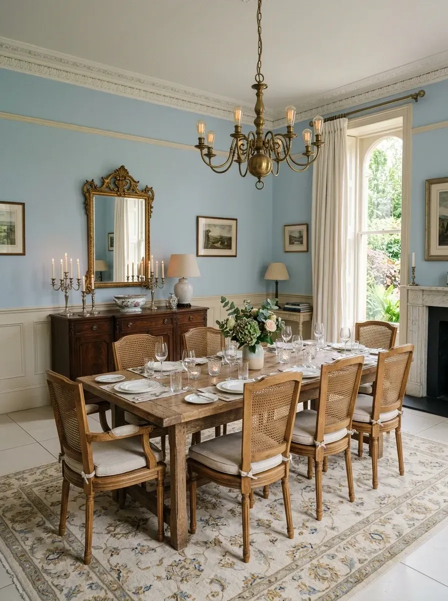 Traditional dining room with soft powder blue upper walls, creamy white wainscoting, antique-style rustic oak farmhouse table, eight cane-back dining chairs with cushions, classic brass chandelier, large antique-style oak sideboard, ornate gilt mirror, and a traditional patterned area rug