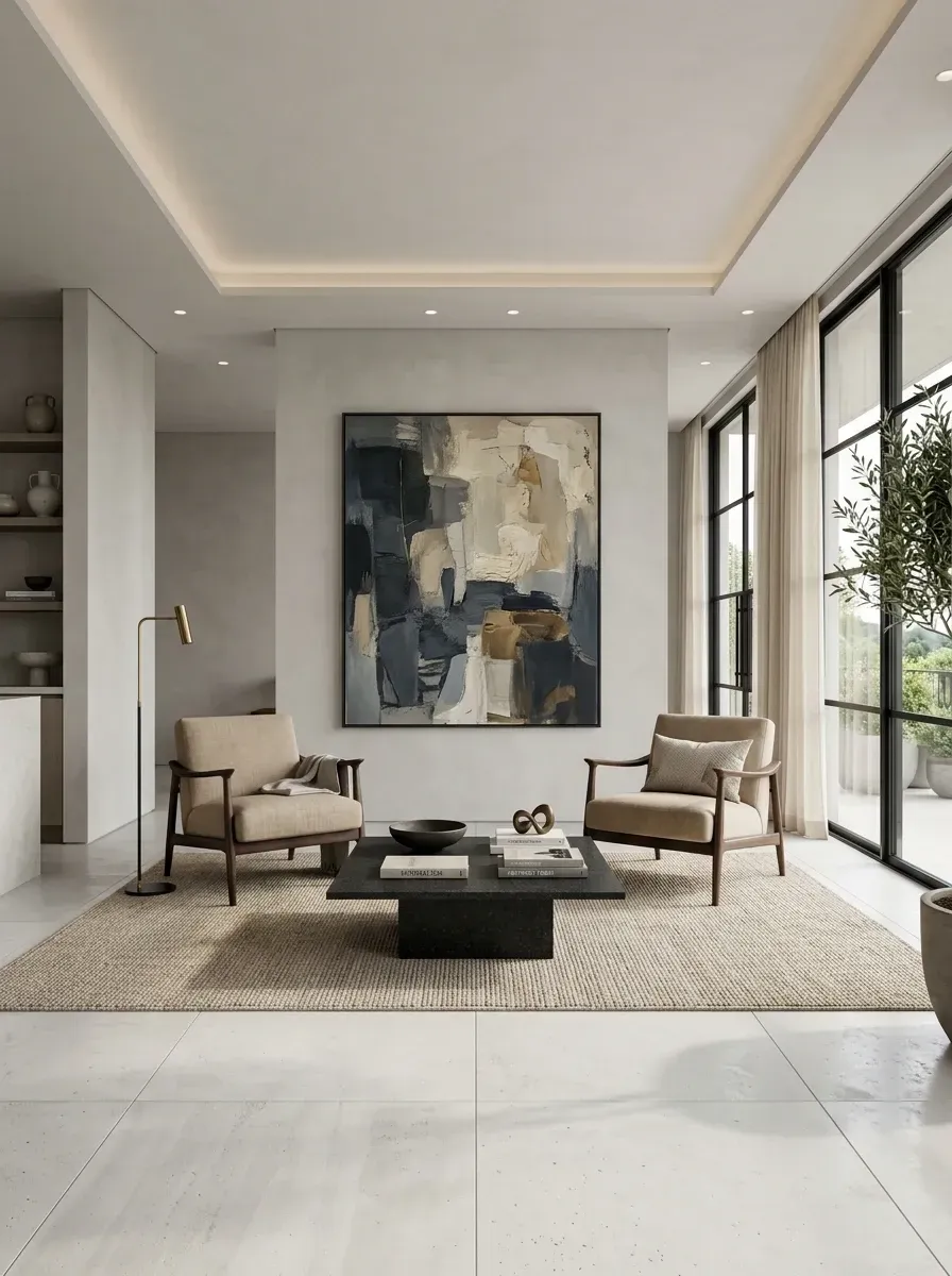 Minimalist grand quiet luxury living room with high cove ceiling featuring integrated indirect LED strip lighting, large-format pale concrete grey floor tiles, massive abstract painting as focal point above seating, two oatmeal beige upholstered armchairs, substantial matte black block coffee table, custom built-in shelving unit, brass floor lamp