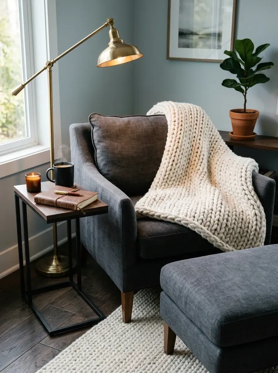 Intimate cozy corner quiet luxury vignette with comfortable dark charcoal grey upholstered armchair and matching ottoman, oversized incredibly chunky creamy wool knit throw blanket draped, adjustable aged brass pharmacy style floor lamp casting warm task lighting, small dark walnut industrial side table with books and candle, textured woven wool rug