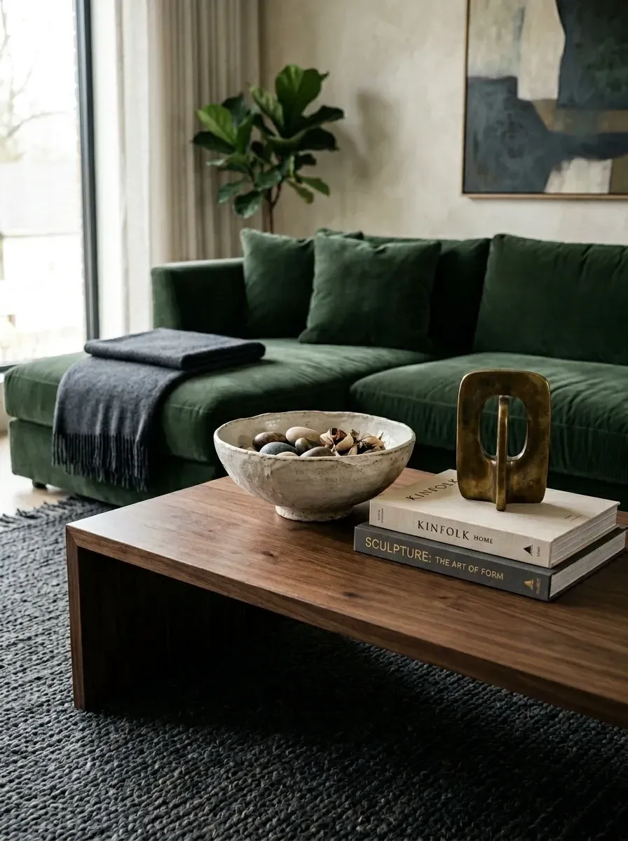Organic modern quiet luxury living corner with deep forest green velvet sectional sofa, solid dark walnut waterfall coffee table with visible natural wood grain, chunky charcoal grey knit wool rug, sculptural aged brass and ceramic decor, soft textured throw blankets layered