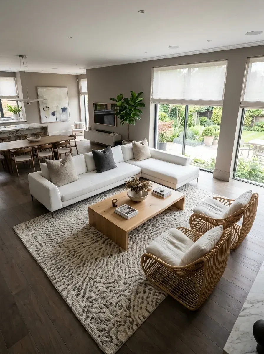 Bright airy open-plan modern coastal quiet luxury living room with crisp white linen L-shaped sectional sofa, light oak block coffee table, natural rattan accent armchairs with cushions, large patterned area rug defining seating zone, floor-to-ceiling windows and sliding glass doors connecting to lush garden, dark wood plank flooring