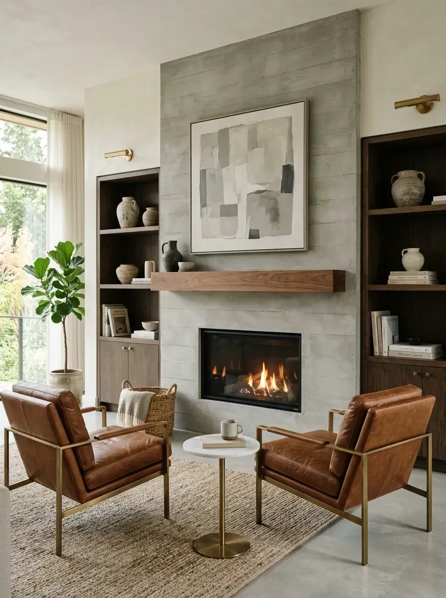 Industrial warmth quiet luxury living room with floor-to-ceiling board-formed raw concrete fireplace breast as architectural hero, floating walnut wood mantel, symmetrical custom dark walnut built-in cabinetry flanking fireplace displaying curated decor, two handsome brown cognac leather armchairs with brushed brass frames, brass wall sconces above shelving