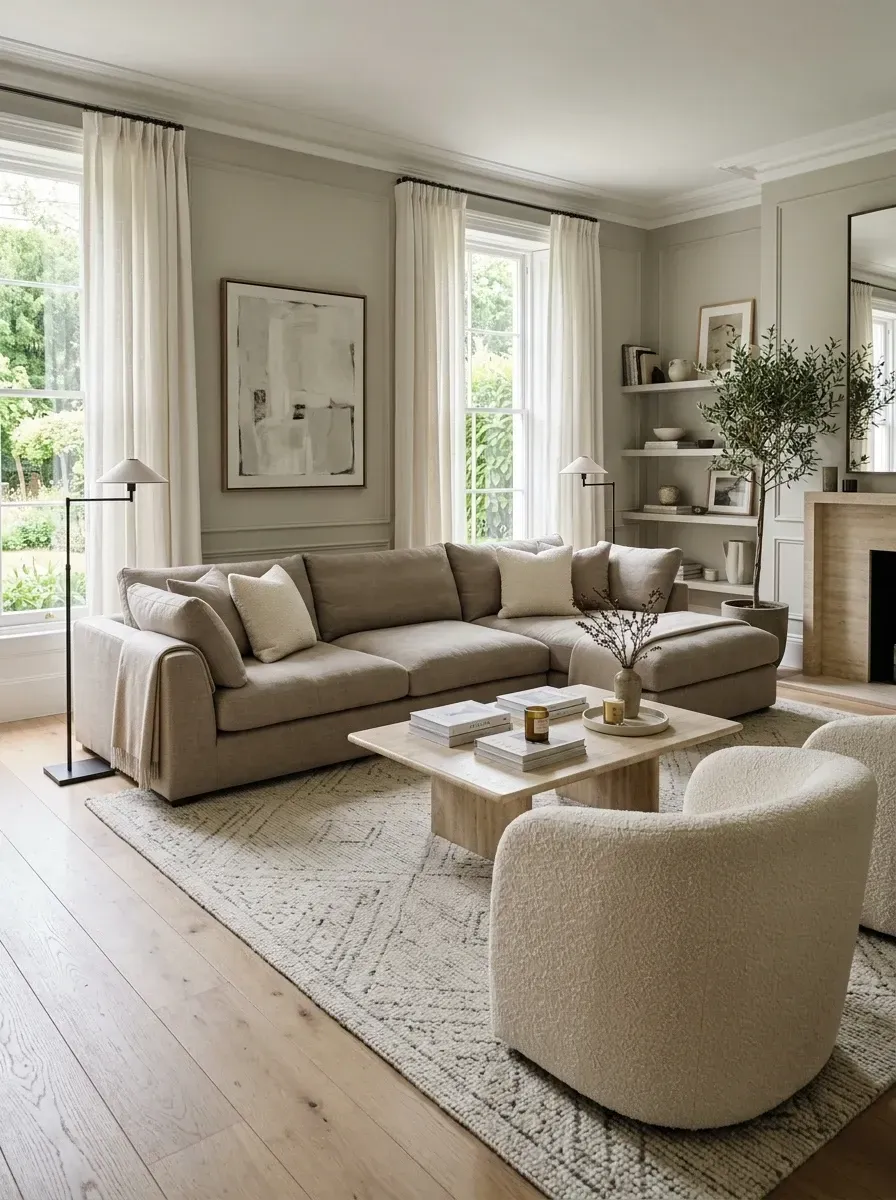 Classic elegant quiet luxury living room with extensive applied wall paneling and crown molding, traditional fireplace with carved stone surround, large warm greige fabric sectional sofa, pair of creamy boucle swivel armchairs, substantial natural travertine stone coffee table, large patterned wool rug, light oak hardwood flooring