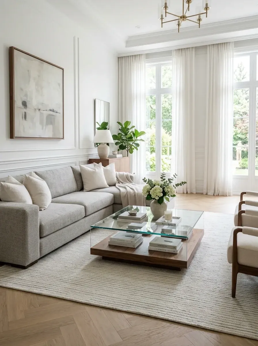 Parisian chic quiet luxury living room with stunning warm honey oak herringbone pattern wood flooring as architectural hero, floor-to-ceiling windows with sheer linen curtains, delicate wall molding and wainscoting detailing, pale mist grey sectional sofa, upholstered armchairs, transparent glass top coffee table with wood base, modern brass chandelier