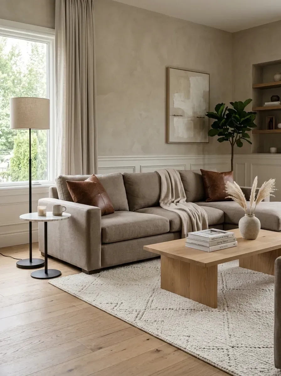 Tonal earthy quiet luxury living room with sandy beige textured limewash painted walls showing subtle movement, monochromatic palette of beiges taupes and warm browns, warm taupe fabric sofa with cognac leather accent pillows, minimalist natural white oak coffee table, textured wool and jute layered rug, built-in shelving niche