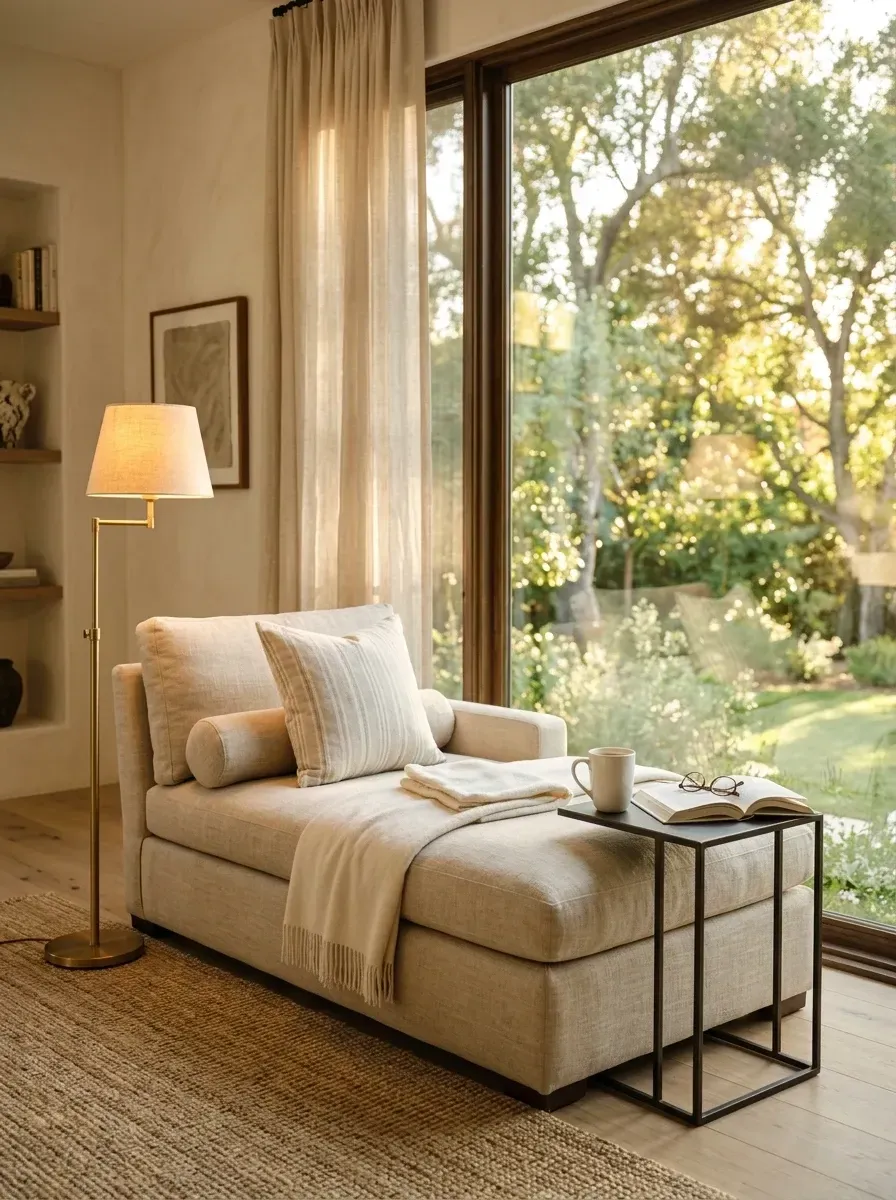 Serene reading nook quiet luxury vignette with plush natural linen upholstered chaise lounge positioned by large picture window with garden view, minimalist slim black metal side table, adjustable satin brass floor lamp for warm task lighting, natural linen window curtains, jute runner rug, built-in shelving with curated decor