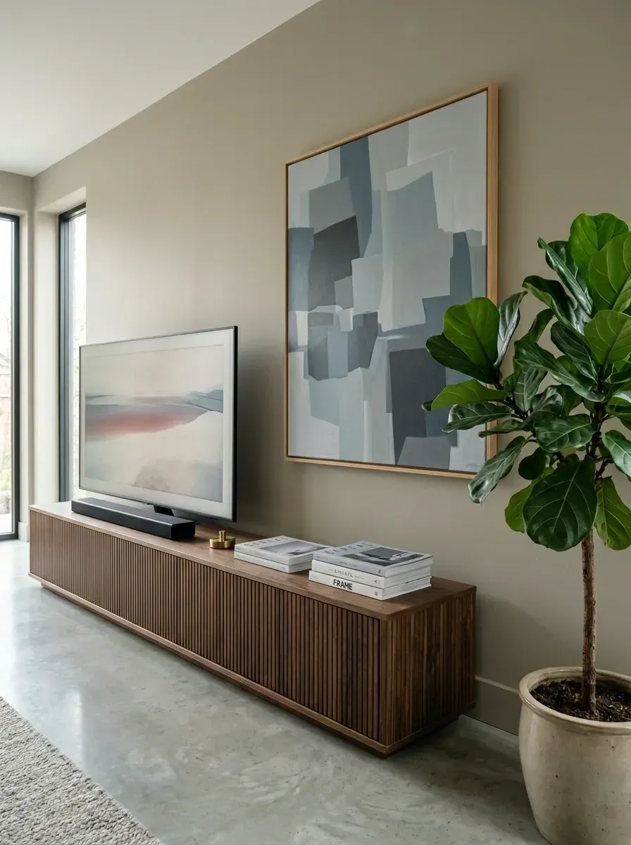Minimalist quiet luxury media wall vignette with long low slatted medium walnut wood media console as centerpiece offering ample storage, Samsung Frame TV displaying art when not in use, large framed abstract painting in wood frame flanking, tall potted fiddle leaf fig plant for vertical interest, polished concrete flooring base