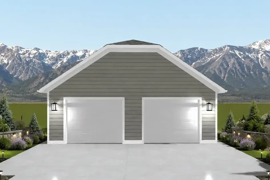 Contemporary garage facade with vertical-grain wood door and integrated landscape lighting