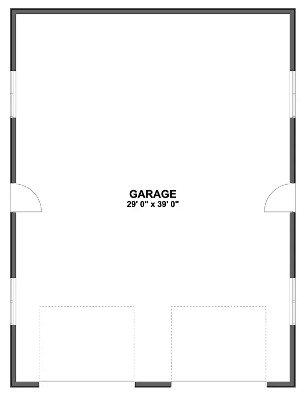 Column-free 39 by 29 foot garage floor plan showing two overhead doors, side personnel doors, and four side windows on a monolithic slab