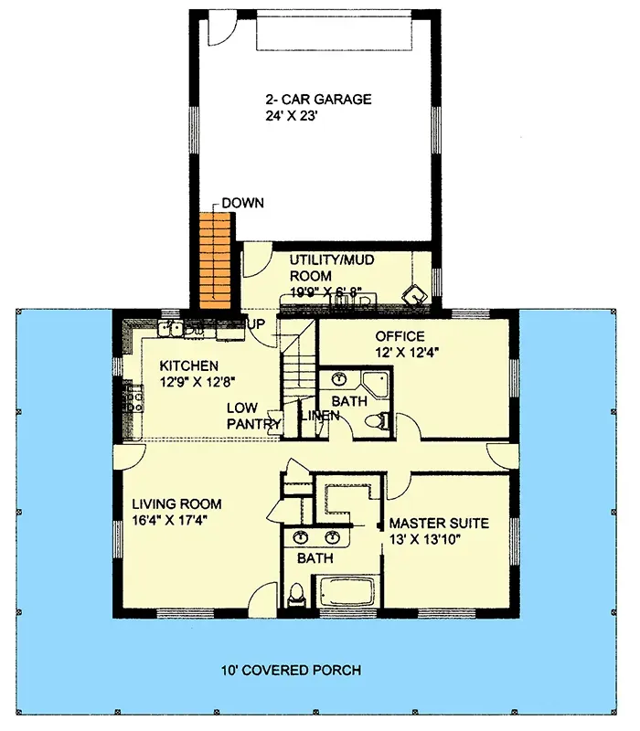 Plan 35041GH main level floor plan — country farmhouse with main-floor master suite, 16-by-17-foot living room, kitchen with pantry, dedicated 12-by-12 office, full bath, mudroom-laundry off the garage, and 10-foot wraparound porch on all four sides.