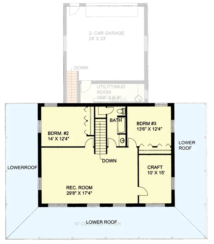 Plan 35041GH second floor plan — two upper bedrooms with shared hall bath, large 30-by-17 recreation room, and a 10-by-15 craft room with stair landing in the center of the plan.