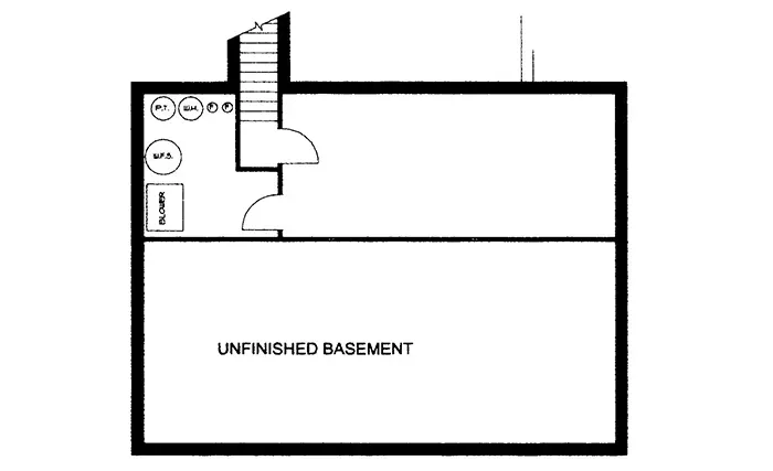 Plan 35041GH basement plan — full unfinished footprint with mechanical space, structural posts, and approximately 1,700 sq ft of future-finish potential below the main level.