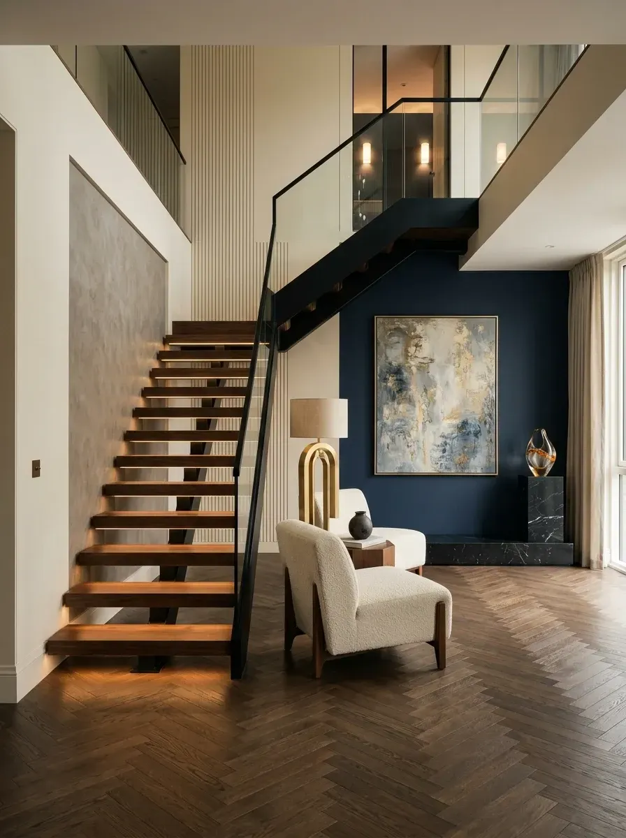 A floating walnut staircase with black steel mono-stringer, frameless glass railing, deep navy feature wall with fluted white paneling, herringbone oak floors, and boucle lounge chairs with a brass arc floor lamp