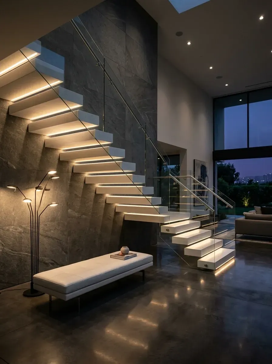 A dramatic evening stair hall with white floating treads featuring integrated LED light strips, dark stone-clad feature wall, glass and cable railing, polished dark concrete floor, low white upholstered bench, and sculptural multi-arm floor lamp