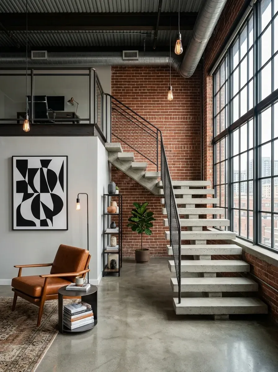 A loft staircase with cantilevered concrete treads anchored into exposed red brick, expanded metal mesh railing, corrugated steel ceiling with visible HVAC, polished concrete floor, and a cognac leather mid-century armchair