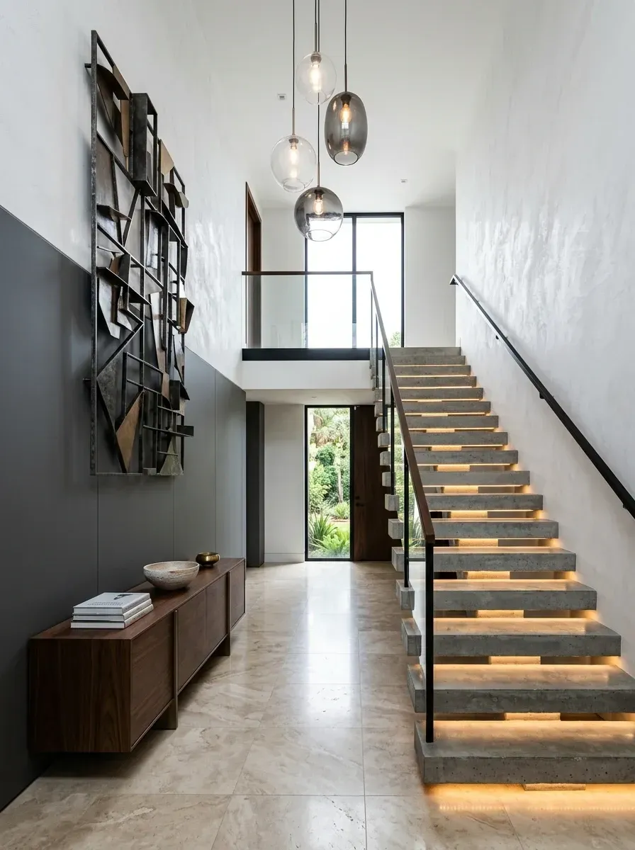 A double-height gallery foyer with illuminated concrete floating stairs lit by recessed LED strips, glass and black steel railing, two-tone charcoal-and-white walls, a geometric metal wall sculpture, and travertine-look porcelain tile floor