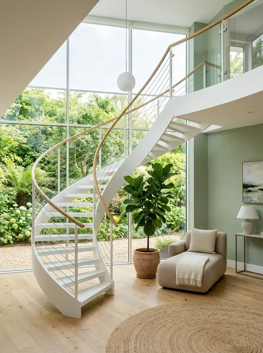 A white steel spiral floating staircase with cable railing and oak handrail in front of a two-story glass window wall overlooking a garden, with pale sage walls, white oak floors, and a curved boucle chaise