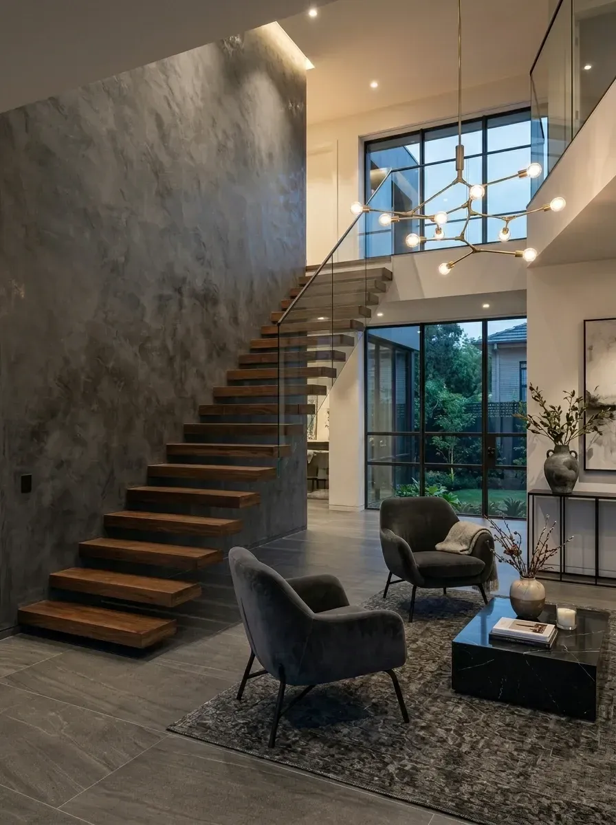 A luxurious stair hall with dark walnut cantilevered treads, frameless glass railing, textured charcoal Venetian plaster wall, a brass molecular chandelier, charcoal velvet armchairs, and a black marble coffee table