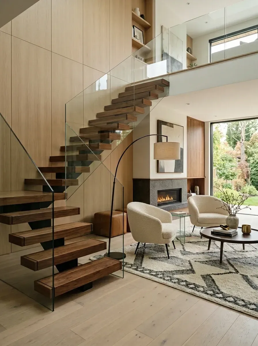 A living room wrapped in white oak wall paneling with a thick-tread walnut floating staircase, frameless glass railing, modern linear fireplace with charcoal stone surround, boucle armchairs, and a black arched floor lamp