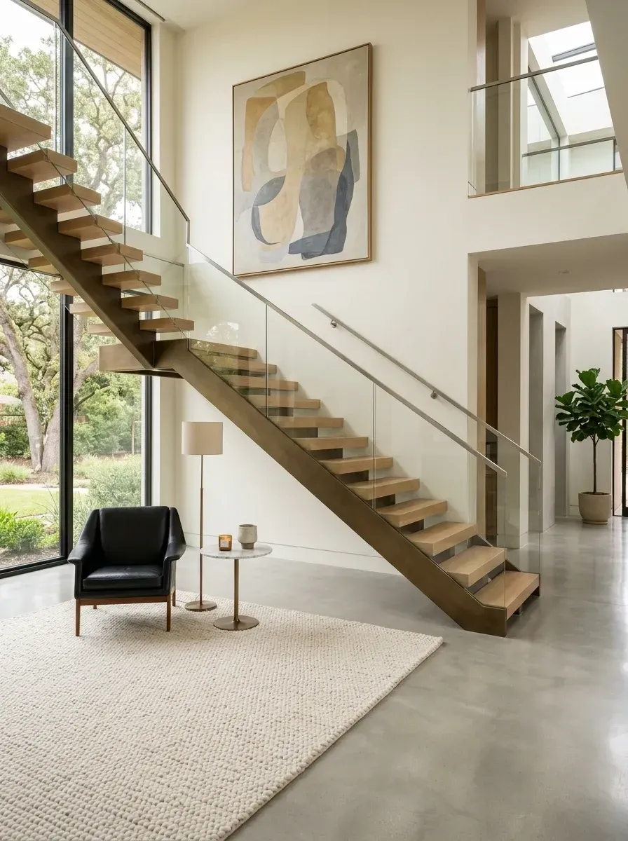 A single-stringer floating oak staircase with a continuous steel beam, glass and brushed steel railing, gallery-white walls, polished concrete floor, a black leather mid-century armchair, round marble side table, and brass floor lamp