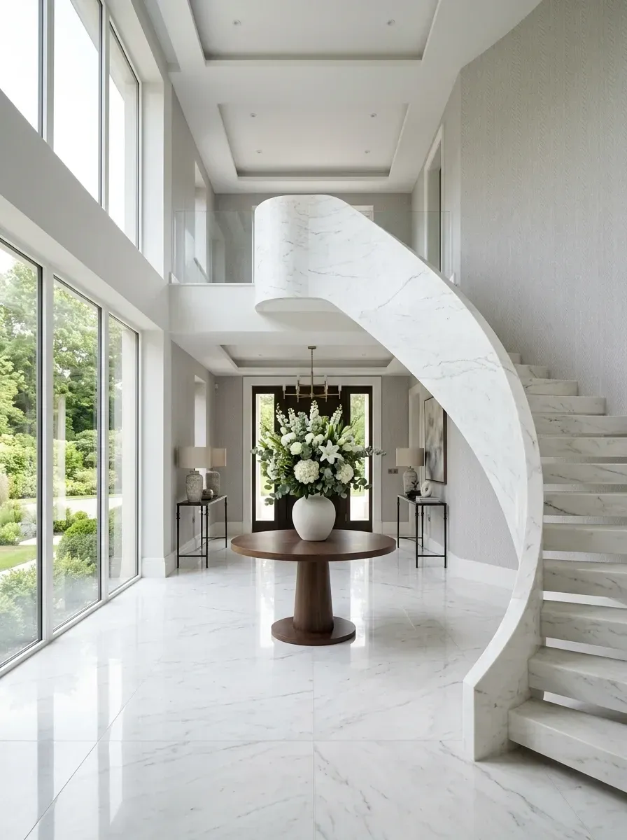 A double-height entry foyer with a sweeping solid white marble spiral staircase, book-matched polished marble floors, coffered tray ceiling, round walnut pedestal table with floral arrangement, and symmetrical console tables