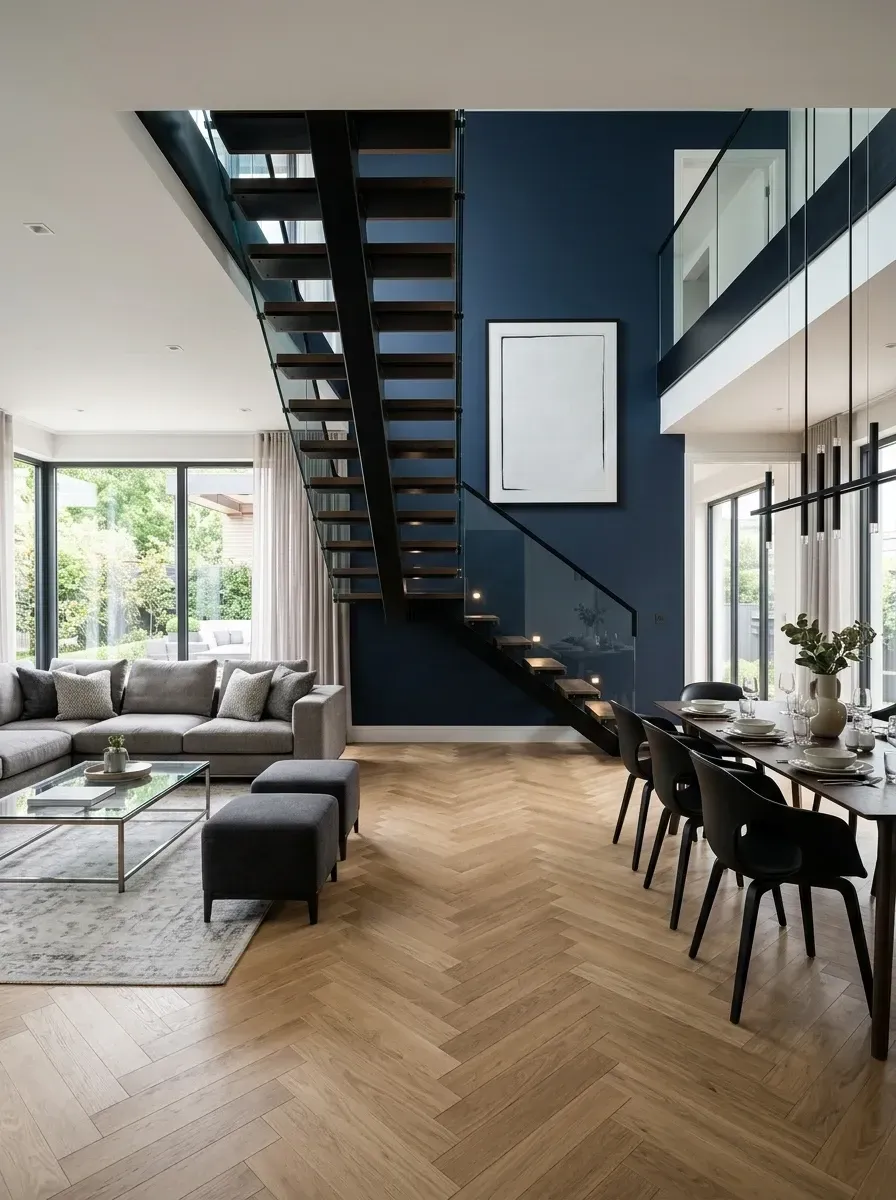 An open-concept living and dining space with a black steel central stringer staircase, glass balustrade, deep navy feature wall, light oak herringbone floors, gray sectional, and matte black dining table