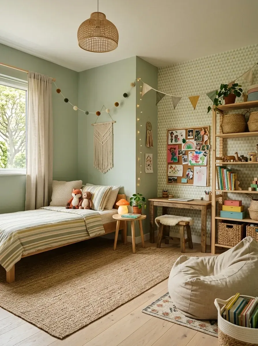 Scandi Boho kids' bedroom with sage green walls, geometric cream wallpaper feature wall, simple natural pine timber twin bed, jute rug, woven pendant light, and removable pom-pom garland and stuffed animal styling