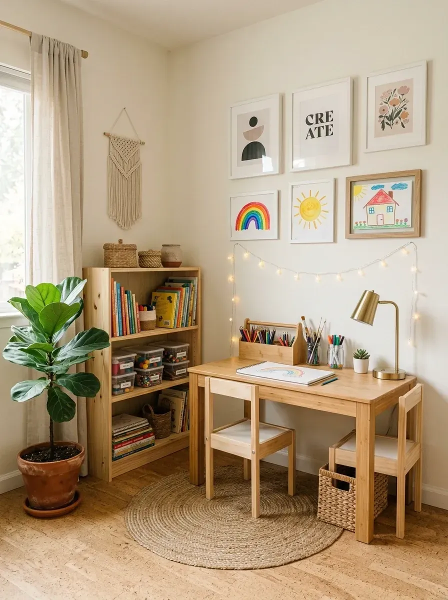 Children's art station with simple light birch wood desk and two small wood chairs, gallery wall of standardized white frames displaying kids' drawings, brass task lamp, fiddle-leaf fig in a woven basket, and a small bookshelf