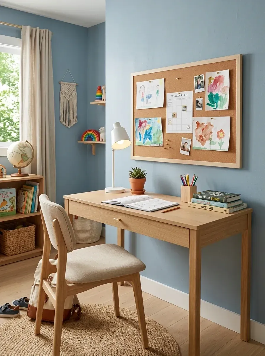 Pre-teen homework station with slate blue walls, oak desk with single drawer, large square framed corkboard above, modern desk lamp, oatmeal upholstered desk chair, and floating shelves with a small terracotta planter