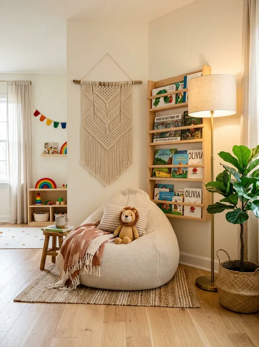 Cozy kids' reading nook with a large knit cream bean bag, oversized macrame wall hanging, vertical forward-facing wall bookshelves, layered wool and jute rugs, floor lamp, and a tall potted plant in a basket