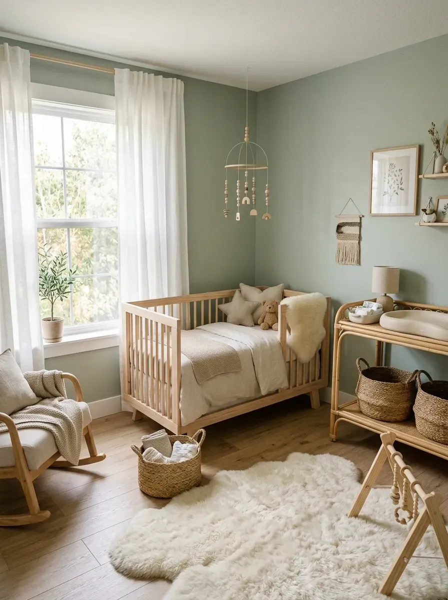 Scandi Boho nursery with sage green walls, light birch convertible crib, rattan changing table topper over a standard dresser, faux sheepskin rug, pale wood rocking chair, and minimal mobile and wall decor