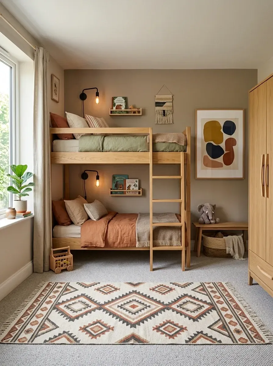 Shared kids' bedroom with solid oak twin-over-twin bunk bed, deep rust and olive green bedding, large bohemian patterned area rug, warm taupe walls, a wood wardrobe, and small wood bench with a woven basket