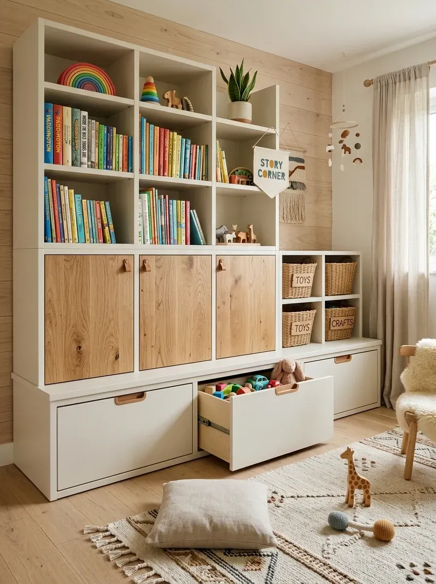 Floor-to-ceiling kids' room storage built-in with white frames and warm white-oak fronts, mix of open shelving and closed cabinet doors, large drawers, woven seagrass baskets in lower cubbies, and a vertical wood plank feature wall behind the unit